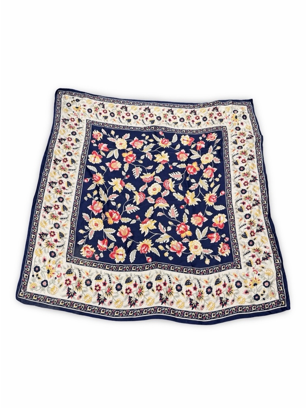 Floral Navy Square SILK Scarf with Cream Border